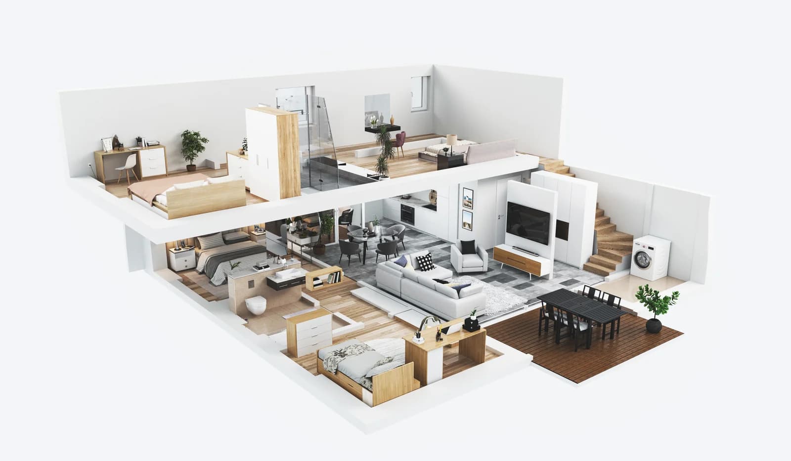 3D floor plan of a duplex apartment — photoreal top-down view with furniture and room layout