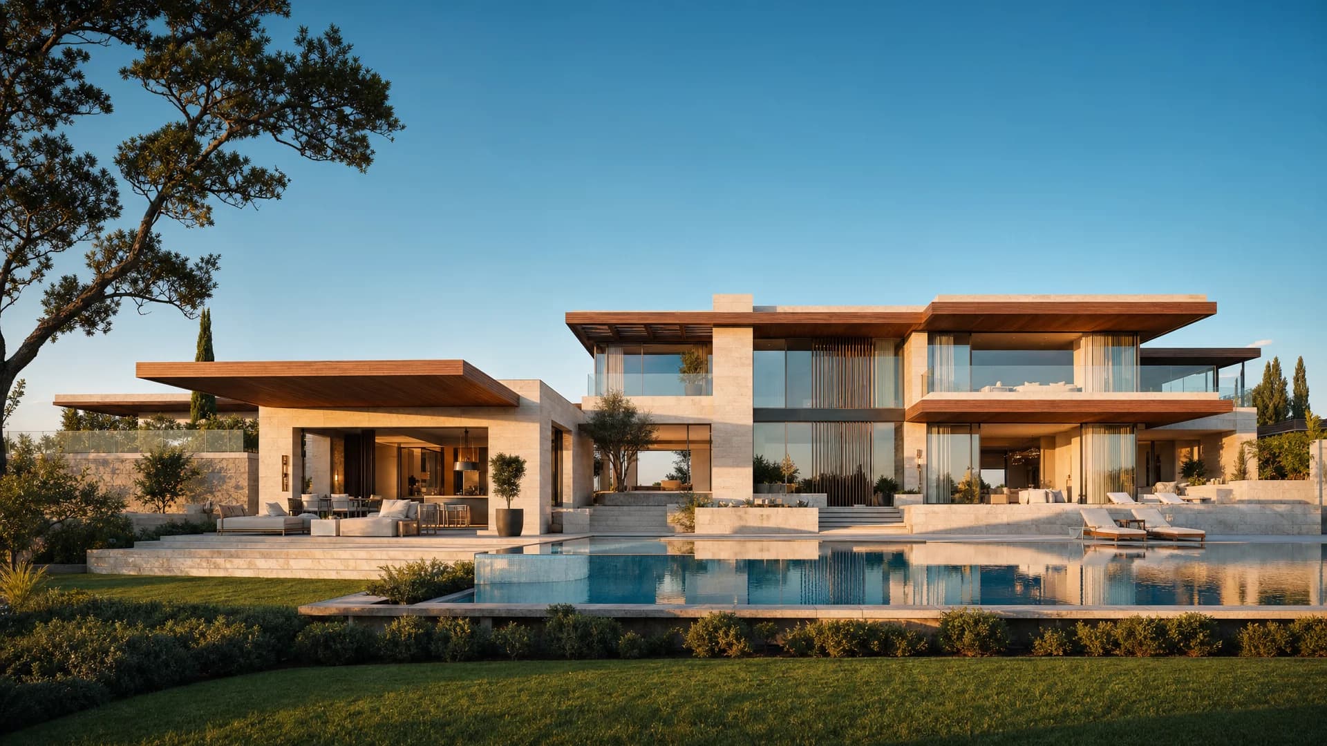 Photoreal exterior 3D render of a modern villa with a pool in golden light