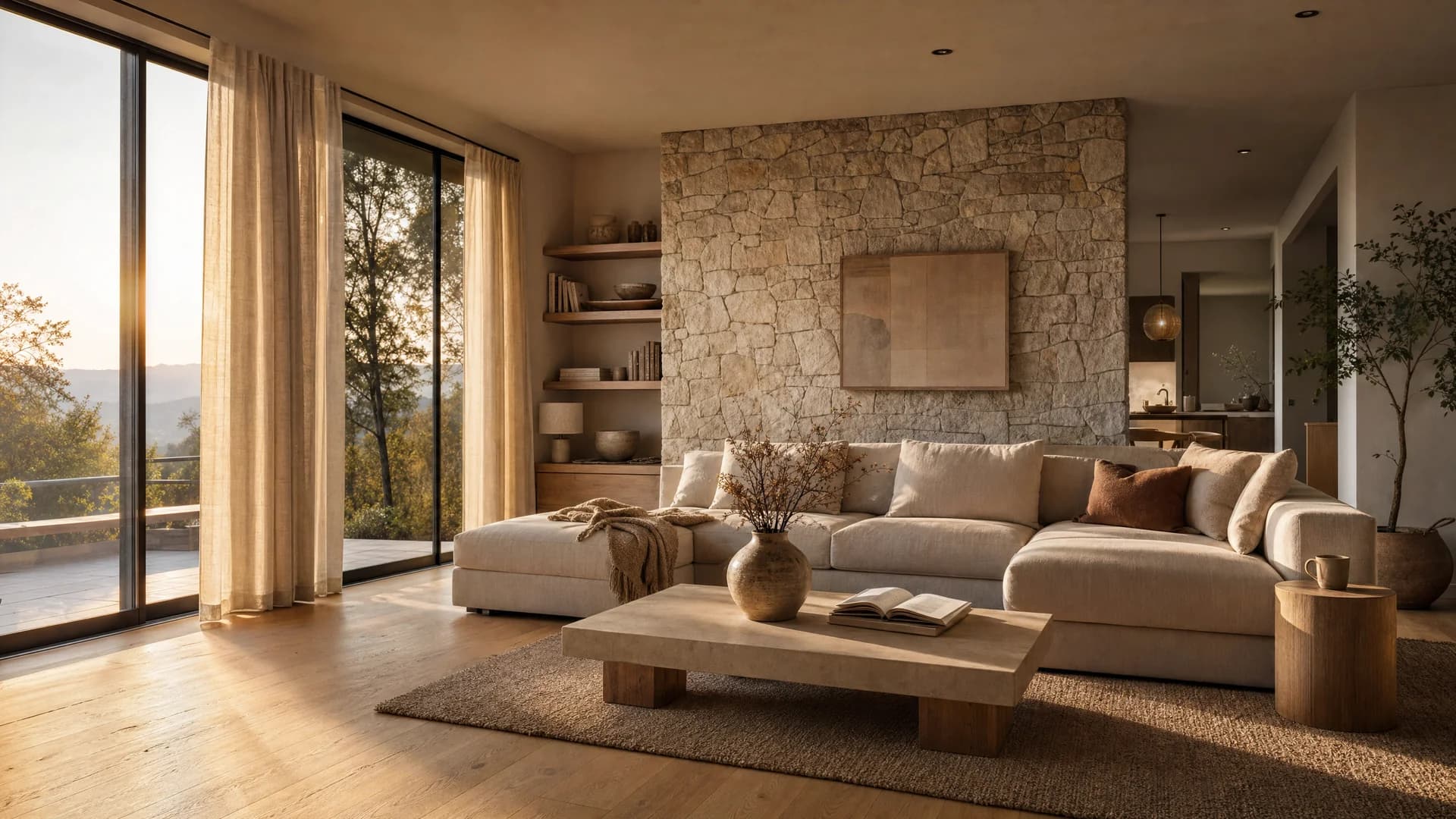 Interior 3D render of a living room with furniture and natural light