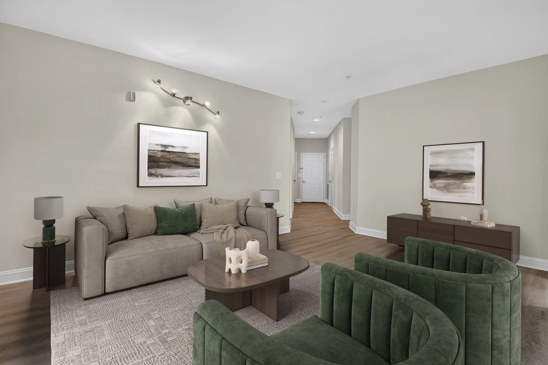 The same living room virtually staged, ready for a property listing