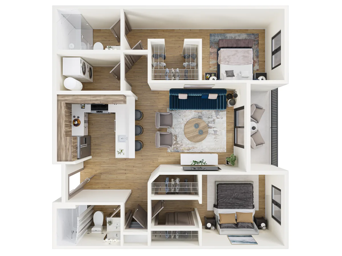 3D floor plans - A top-down 3D view of the room layout, furniture, and functional organization.