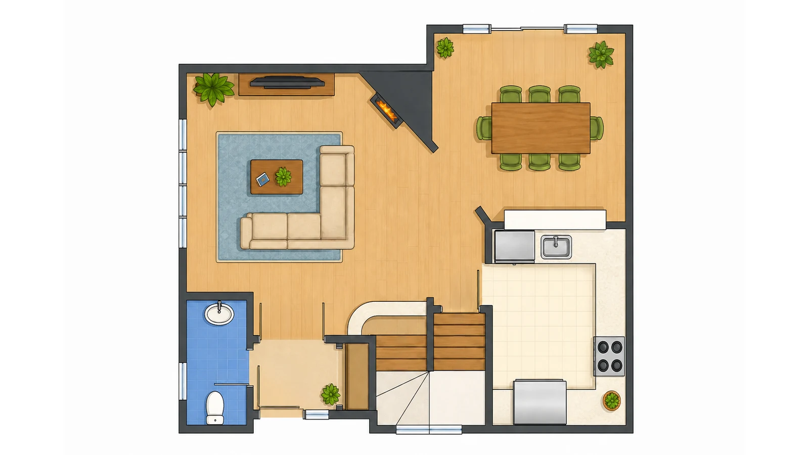 Colored 2D floor plan of a ground floor — living room, dining room and kitchen, Elegant Render
