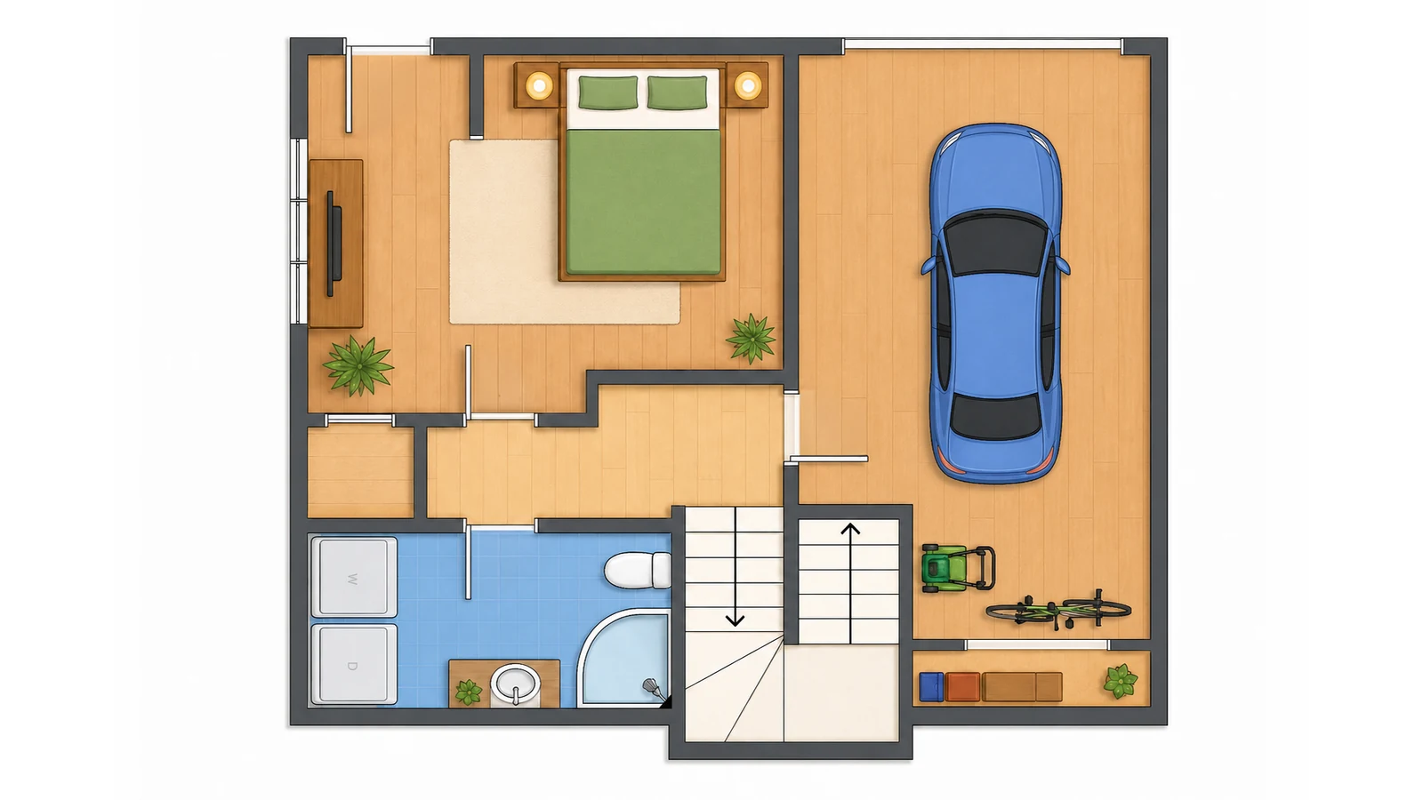 Colored 2D floor plan of a floor with a garage — bedroom, bathroom and garage, Elegant Render