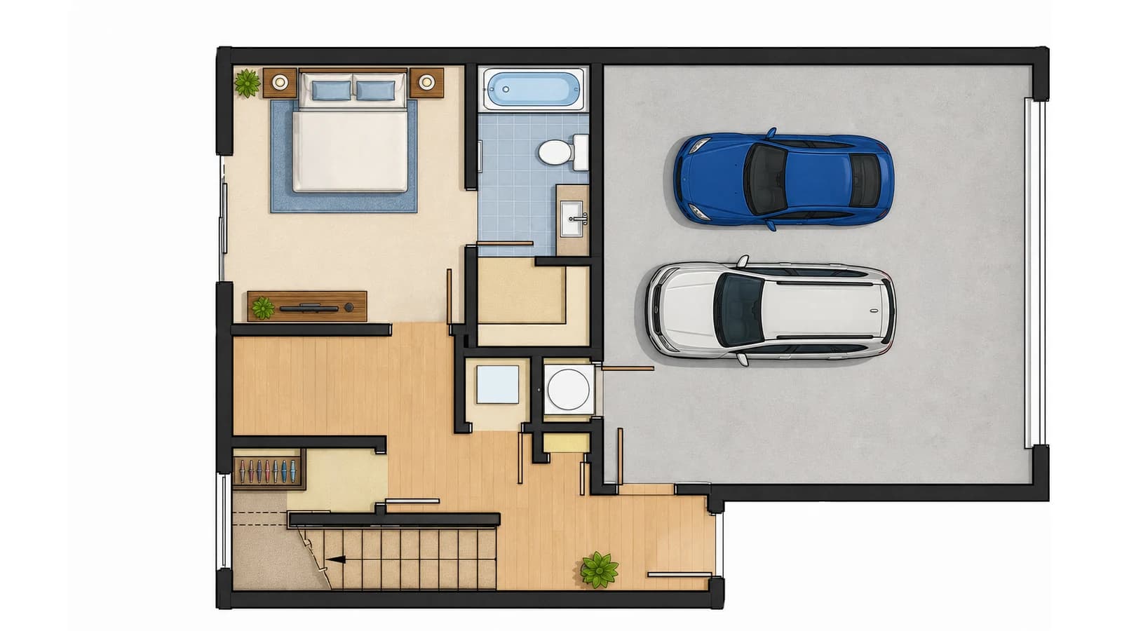 Colored 2D floor plan of a level with a double garage — bedroom, bathroom and two parking spaces, Elegant Render