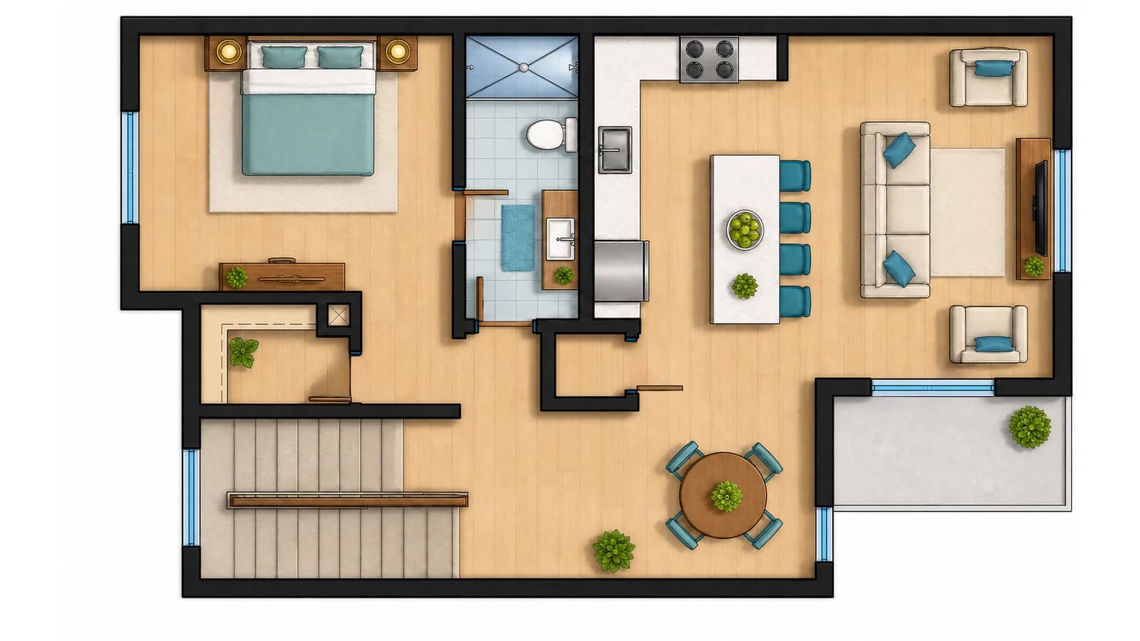 Colored 2D floor plan of an apartment — bedroom, bathroom, kitchen and living room, Elegant Render