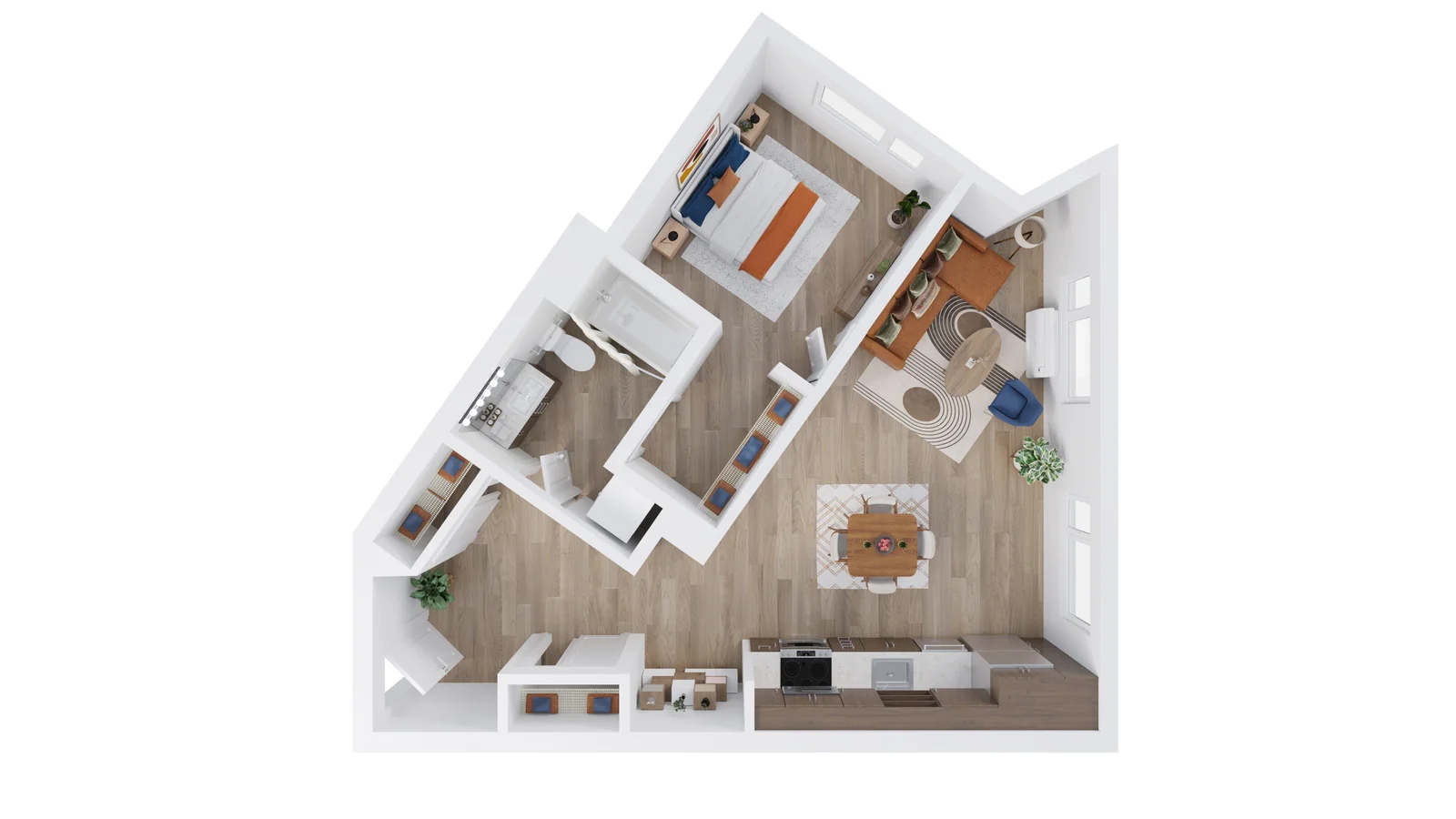3D floor plan of an apartment — photoreal view of the layout with furniture and materials from a bird's-eye perspective, Elegant Render