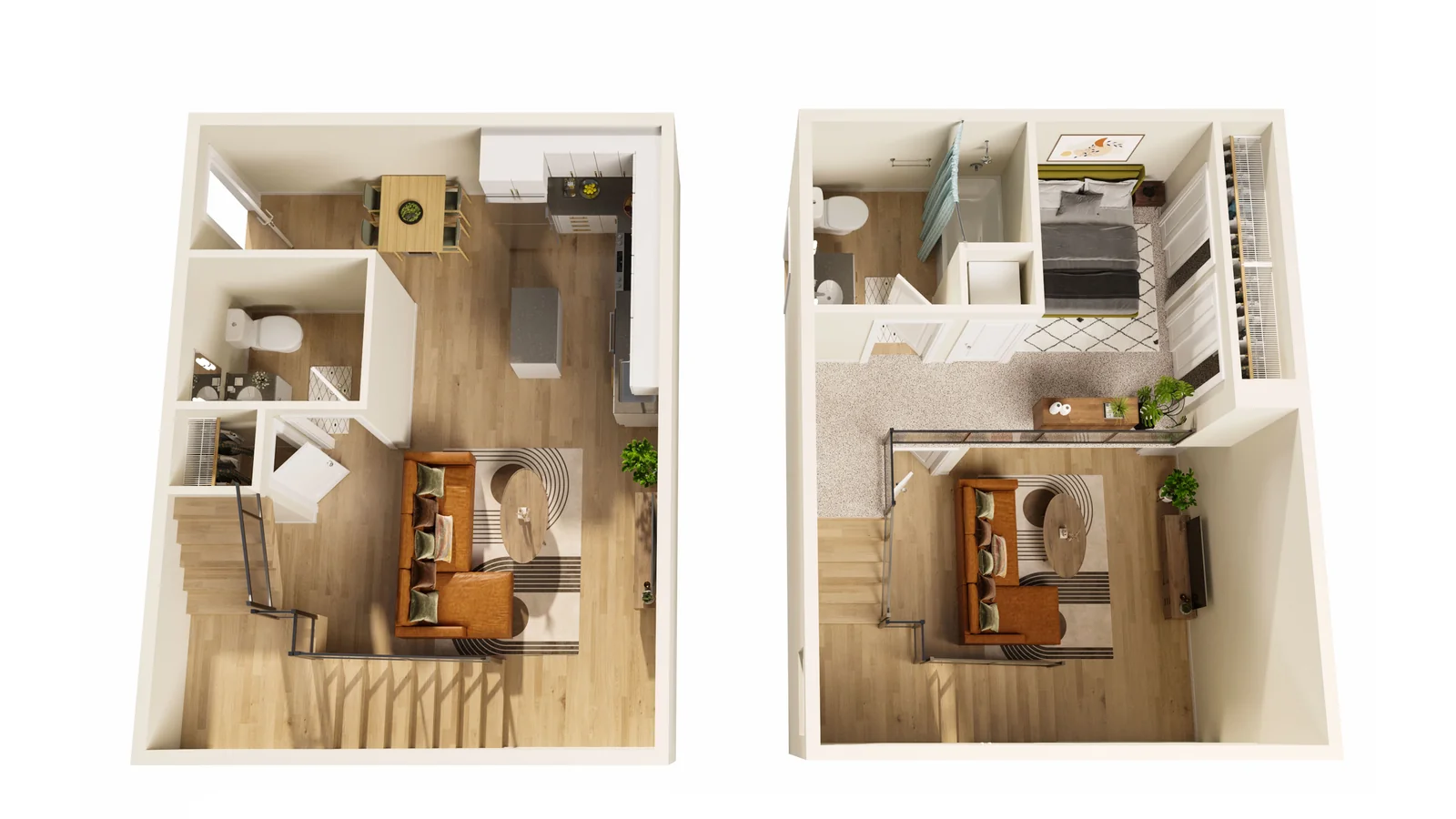 3D floor plan of an apartment — 3D view of the layout and furniture, top-down view, Elegant Render