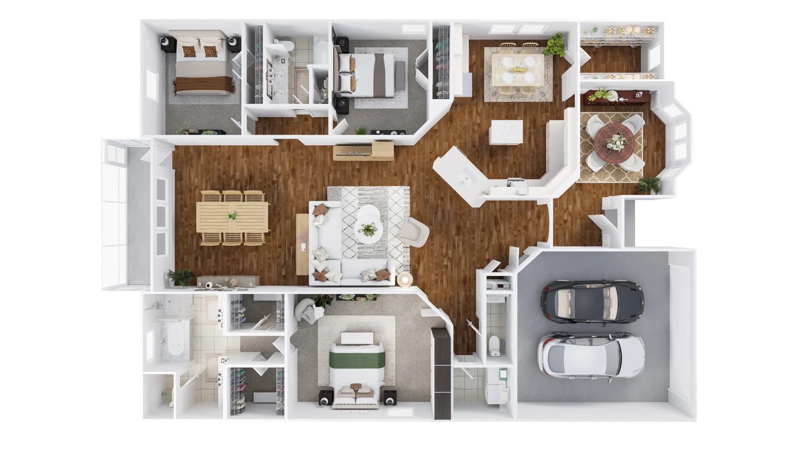 3D floor plan of an apartment — photoreal 3D floor plan with furniture and materials, Elegant Render