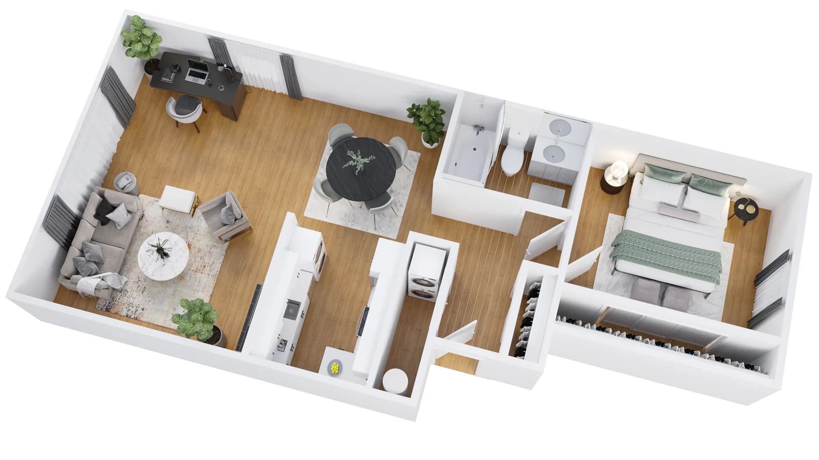 3D floor plan of an apartment — 3D view of the room layout and furniture from a bird's-eye perspective, Elegant Render