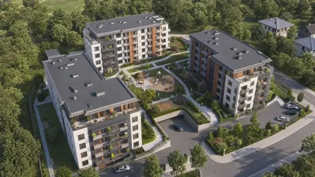 3D site plan — aerial view of a residential complex with 3 buildings, a shared space and parking zones, Elegant Render