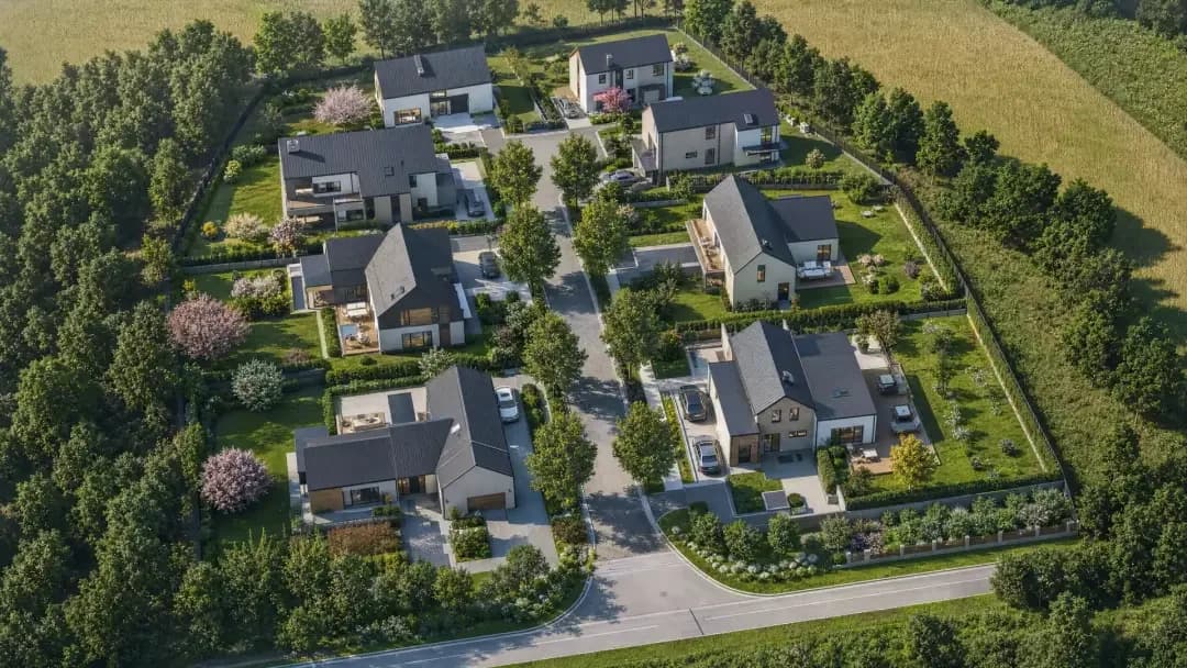 3D site plan of a family-house neighborhood — aerial 3D view of the plots, yards and access roads, Elegant Render