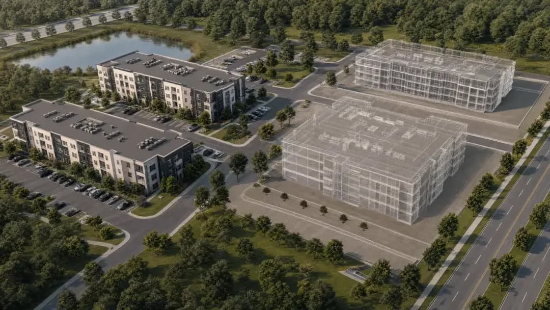 3D site plan of a complex — photoreal aerial 3D view of the buildings and landscaping, Elegant Render