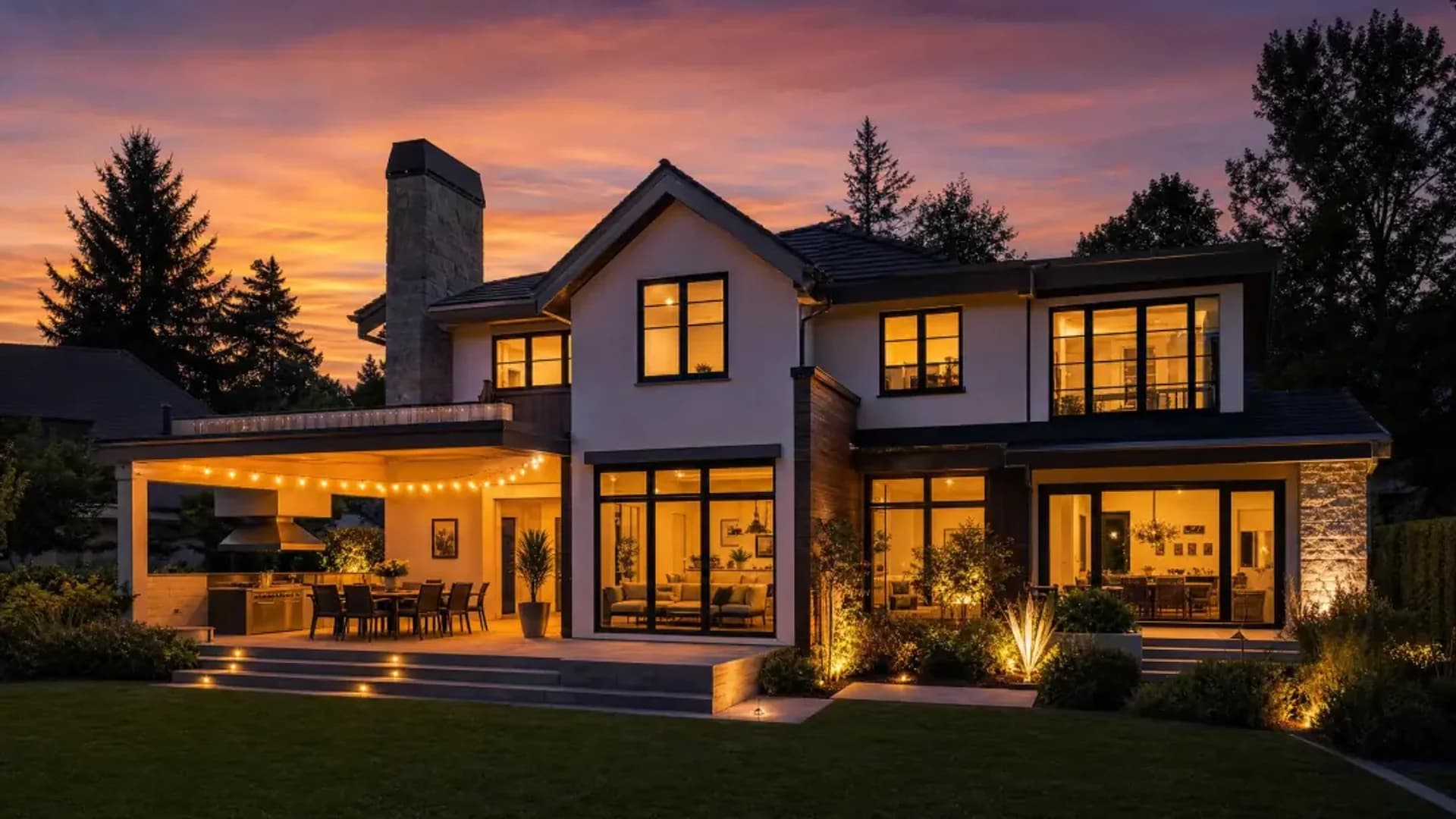 Day-to-dusk — family house with lit windows and facade lighting at dusk