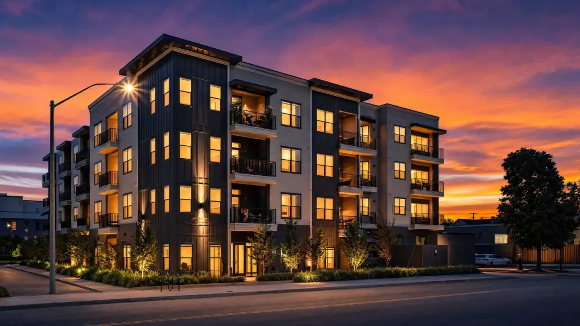 Day-to-dusk — building with lit terraces and the facade in evening mode