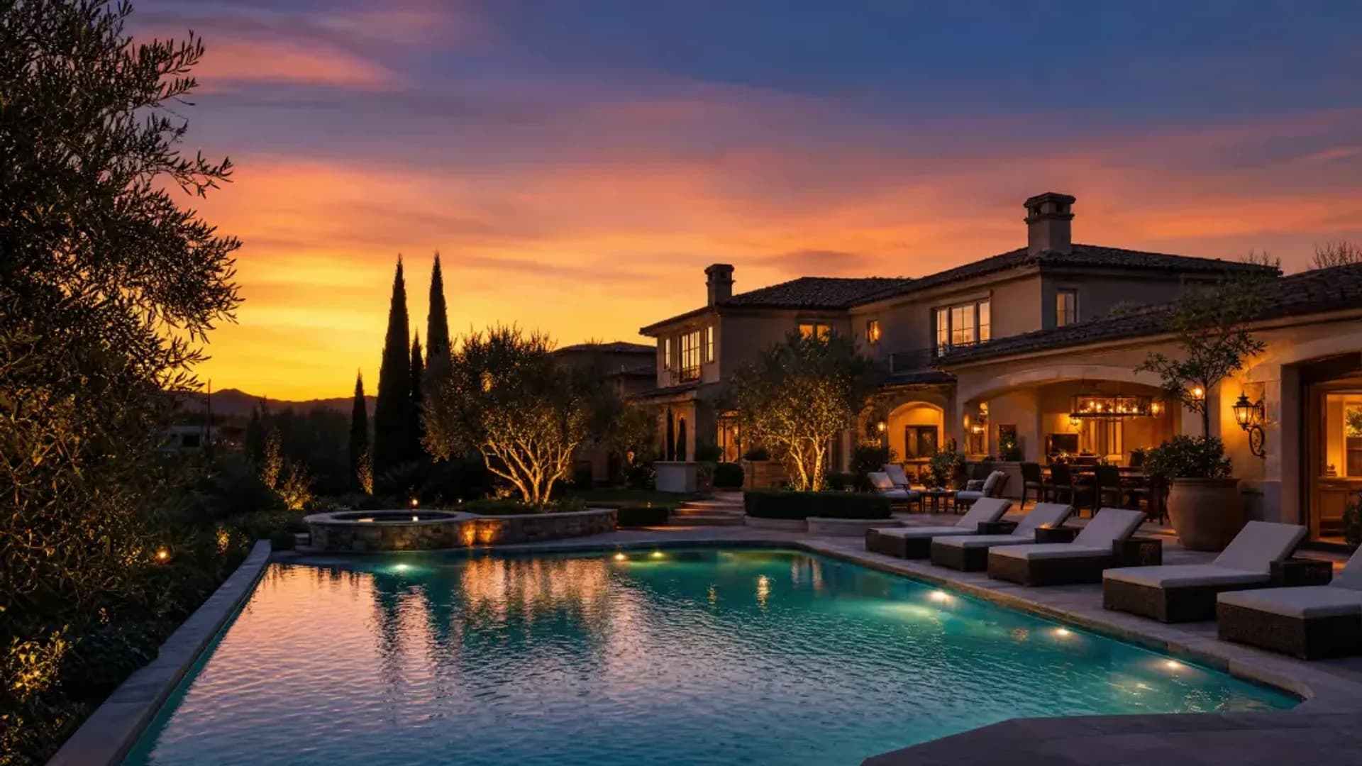 Day-to-dusk — villa with a lit terrace and facade lighting at dusk