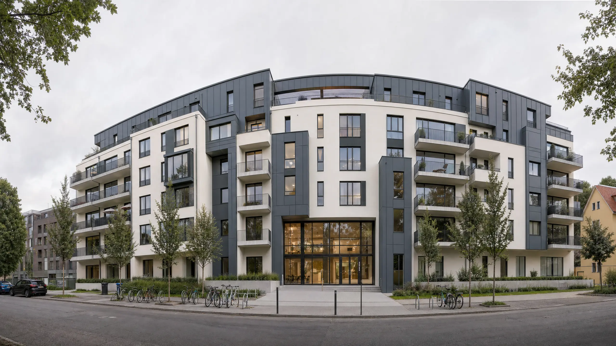 Frame from a 360 panorama of a residential building — street perspective