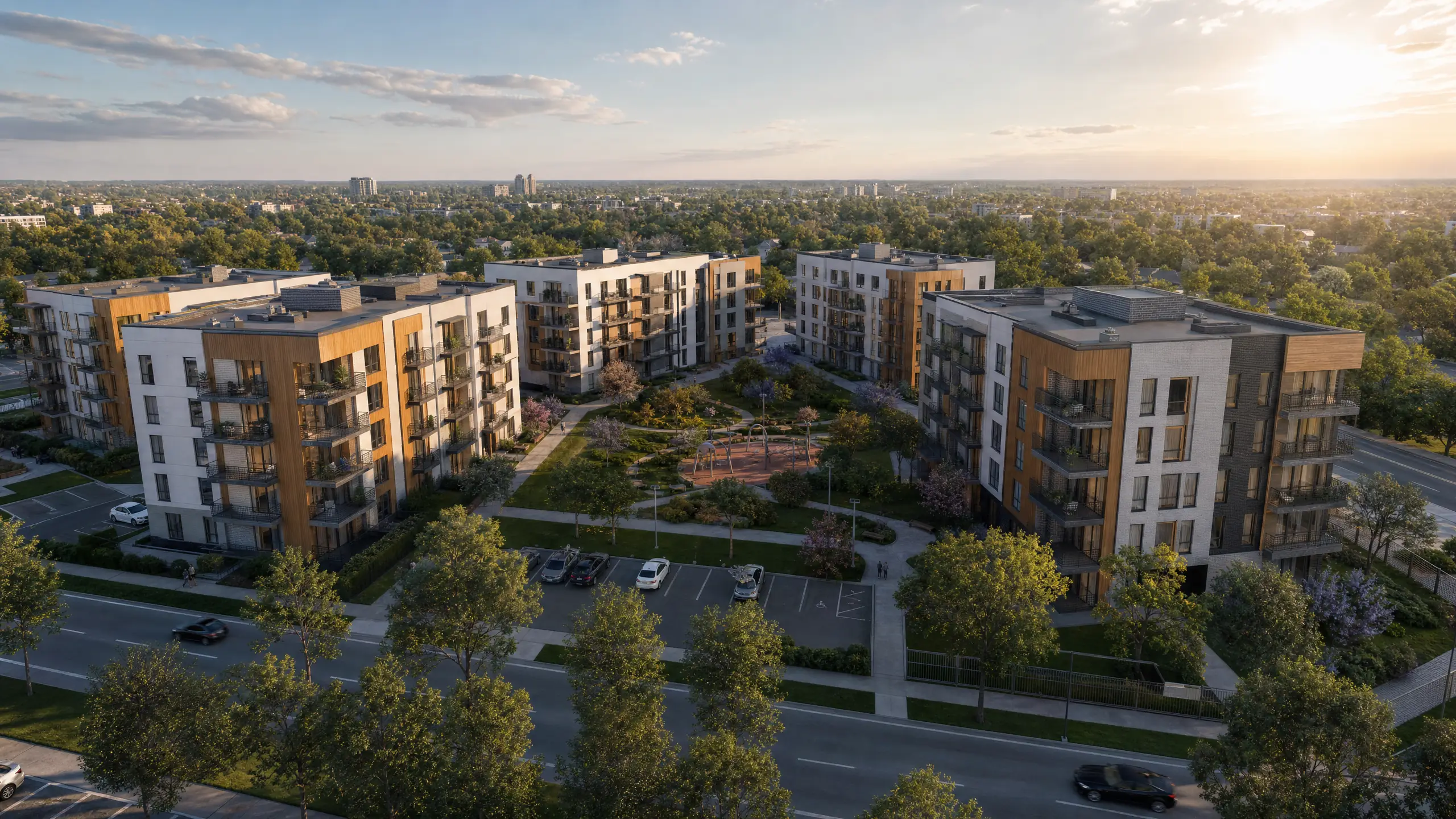 Frame from a 360 panorama of a residential complex — surrounding buildings and access area