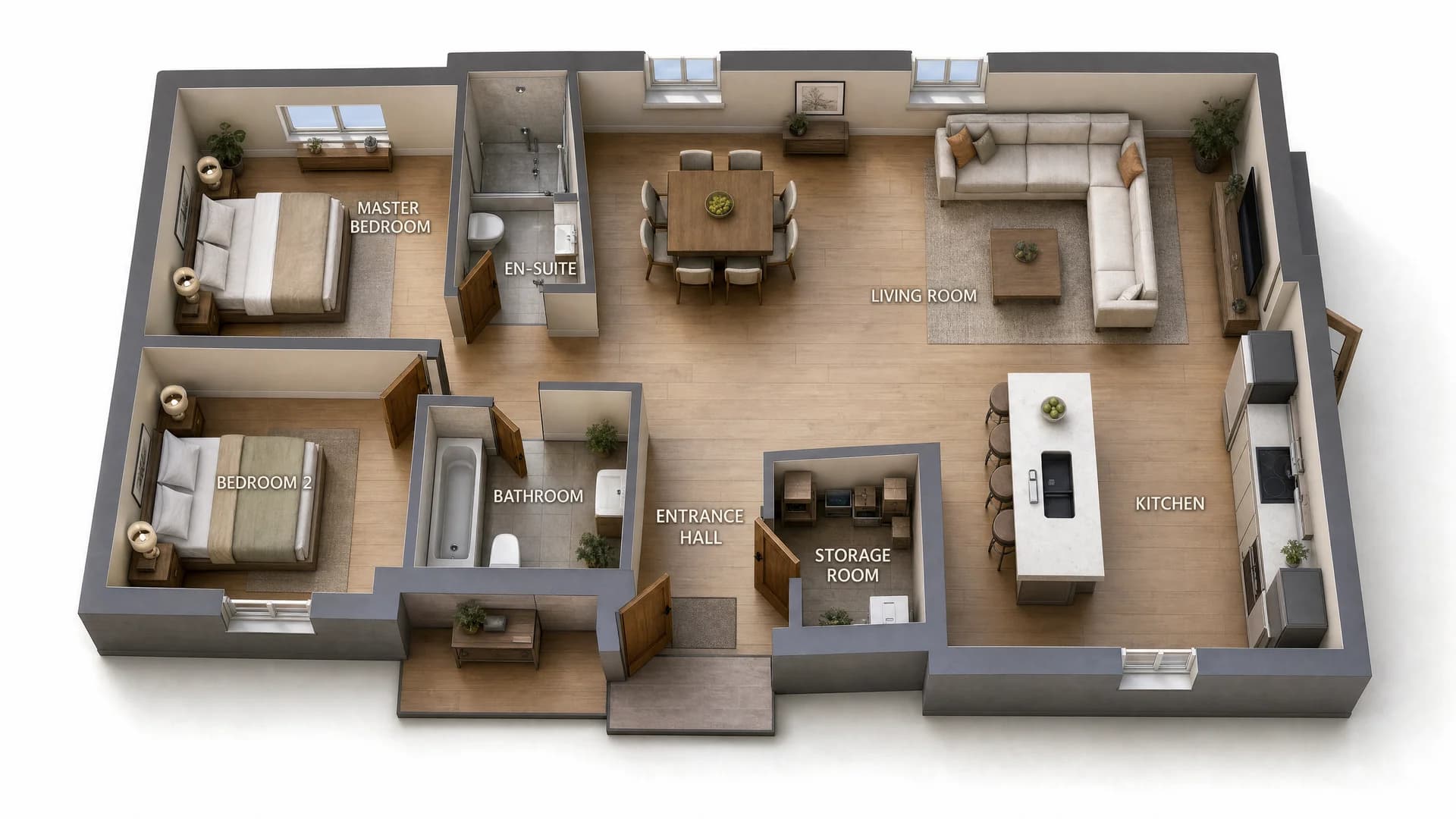 3D floor plan — family house with the room layout and furniture