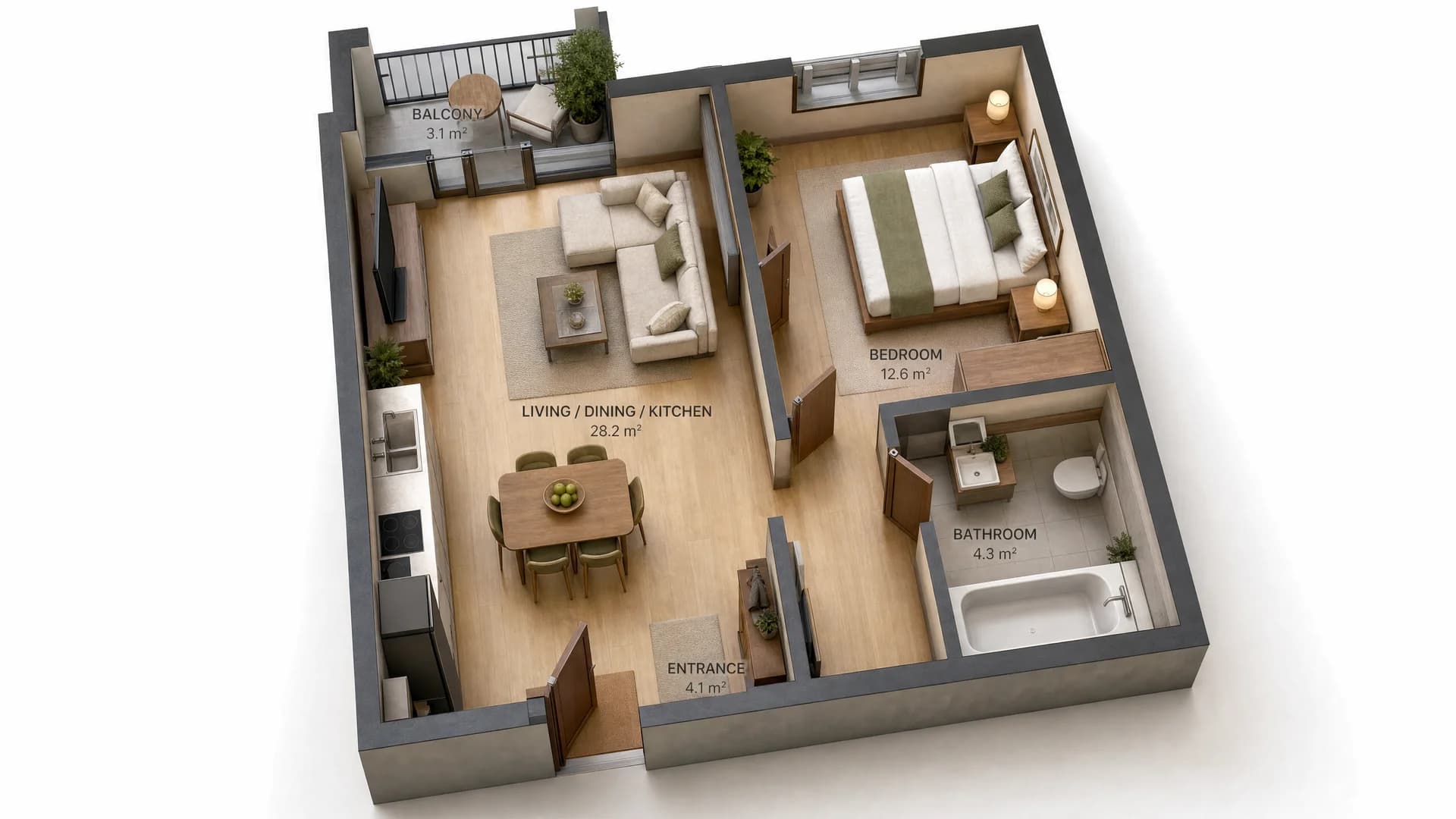 3D floor plan — apartment with a compact layout