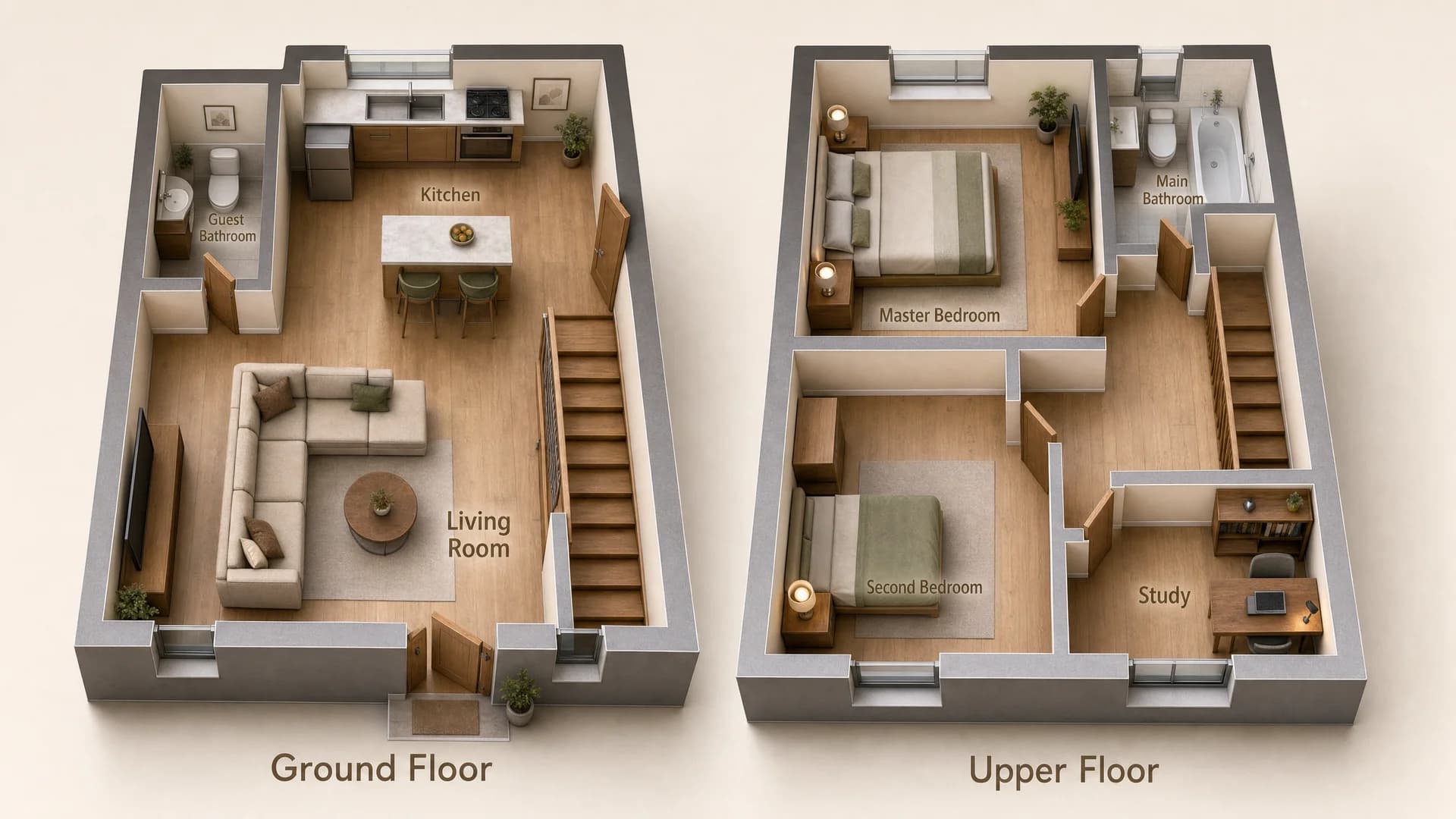 3D floor plan — duplex with the layout of both floors