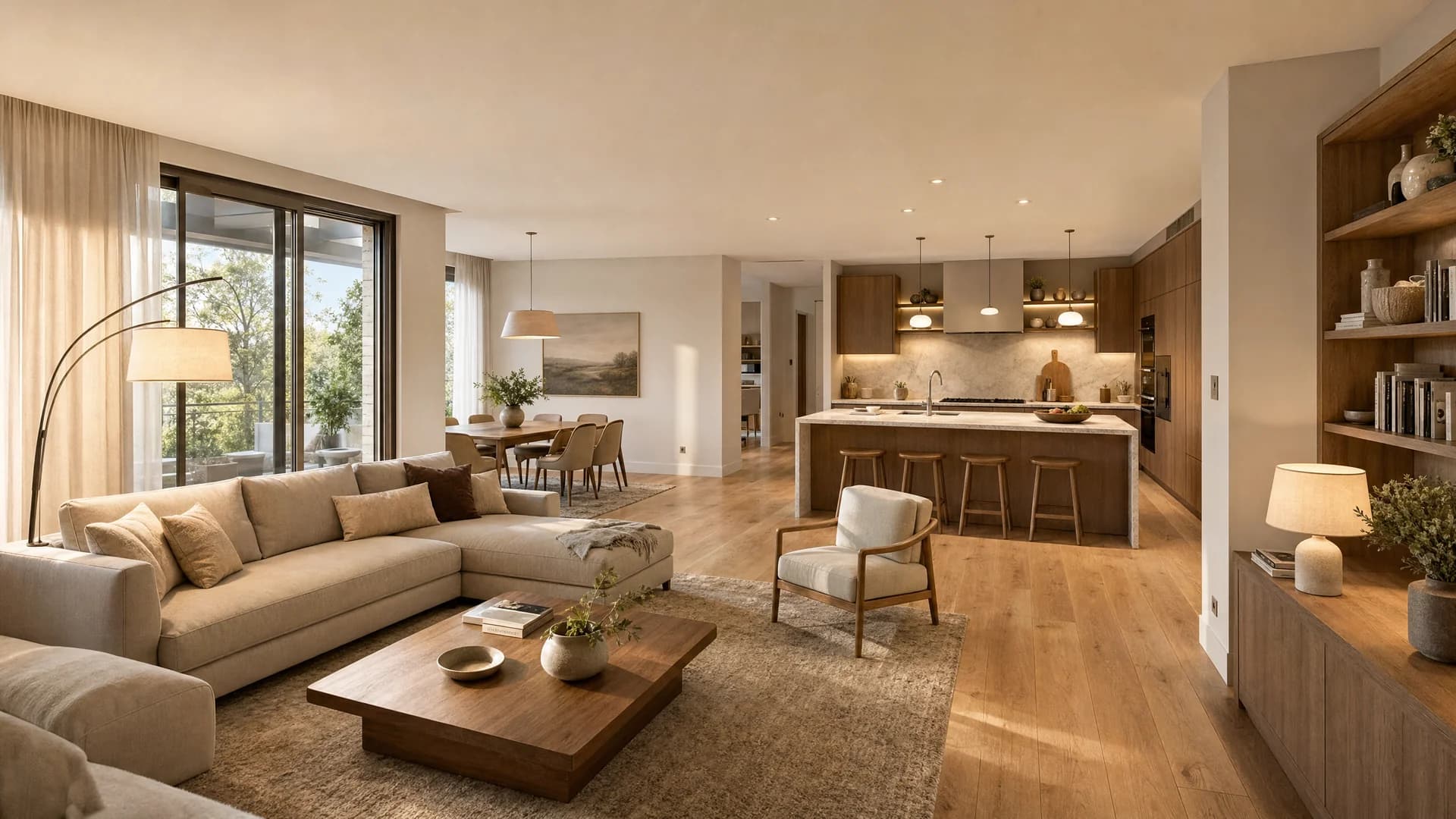 Frame from a 360 tour — open-concept living room and kitchen, transition between rooms