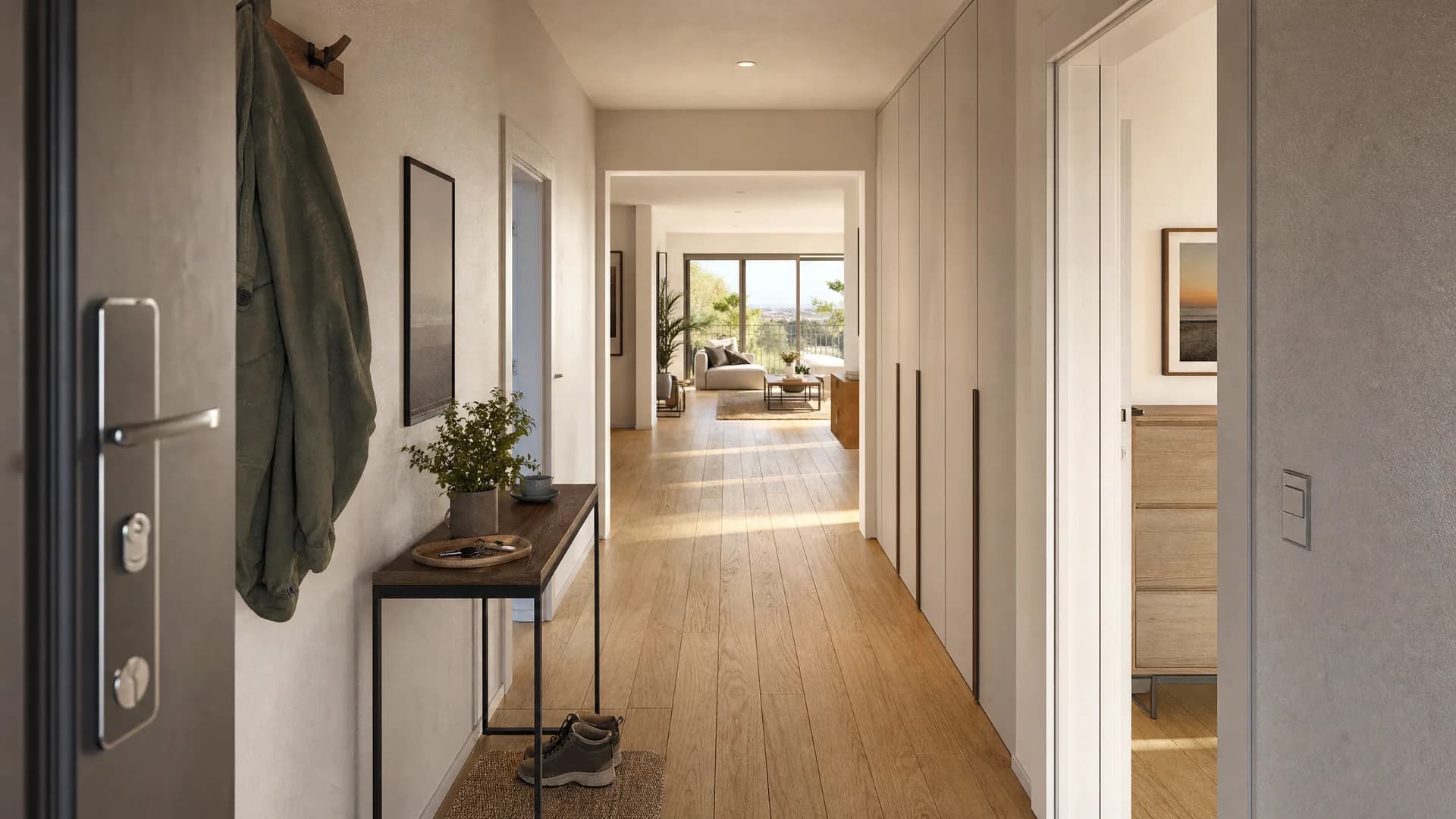 Frame from a 360 tour — entrance area and view through the apartment