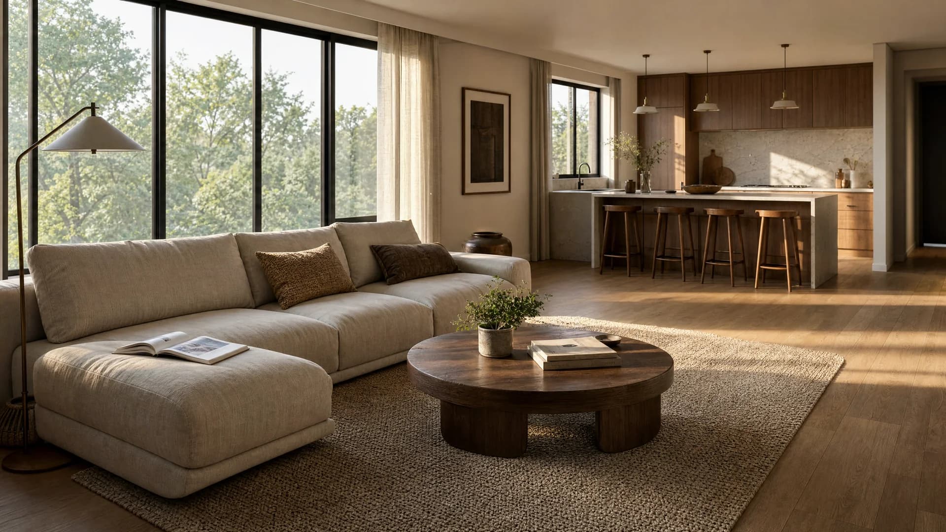 Living room with a kitchen island — Elegant Render