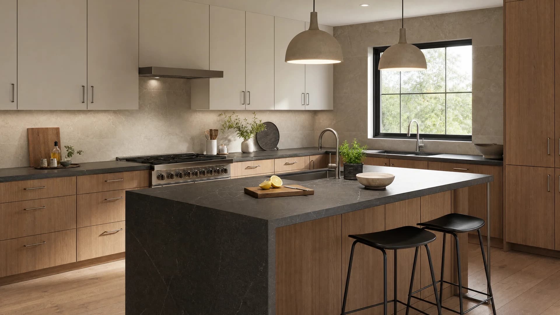 Kitchen with pendant lights and a stone countertop — Elegant Render