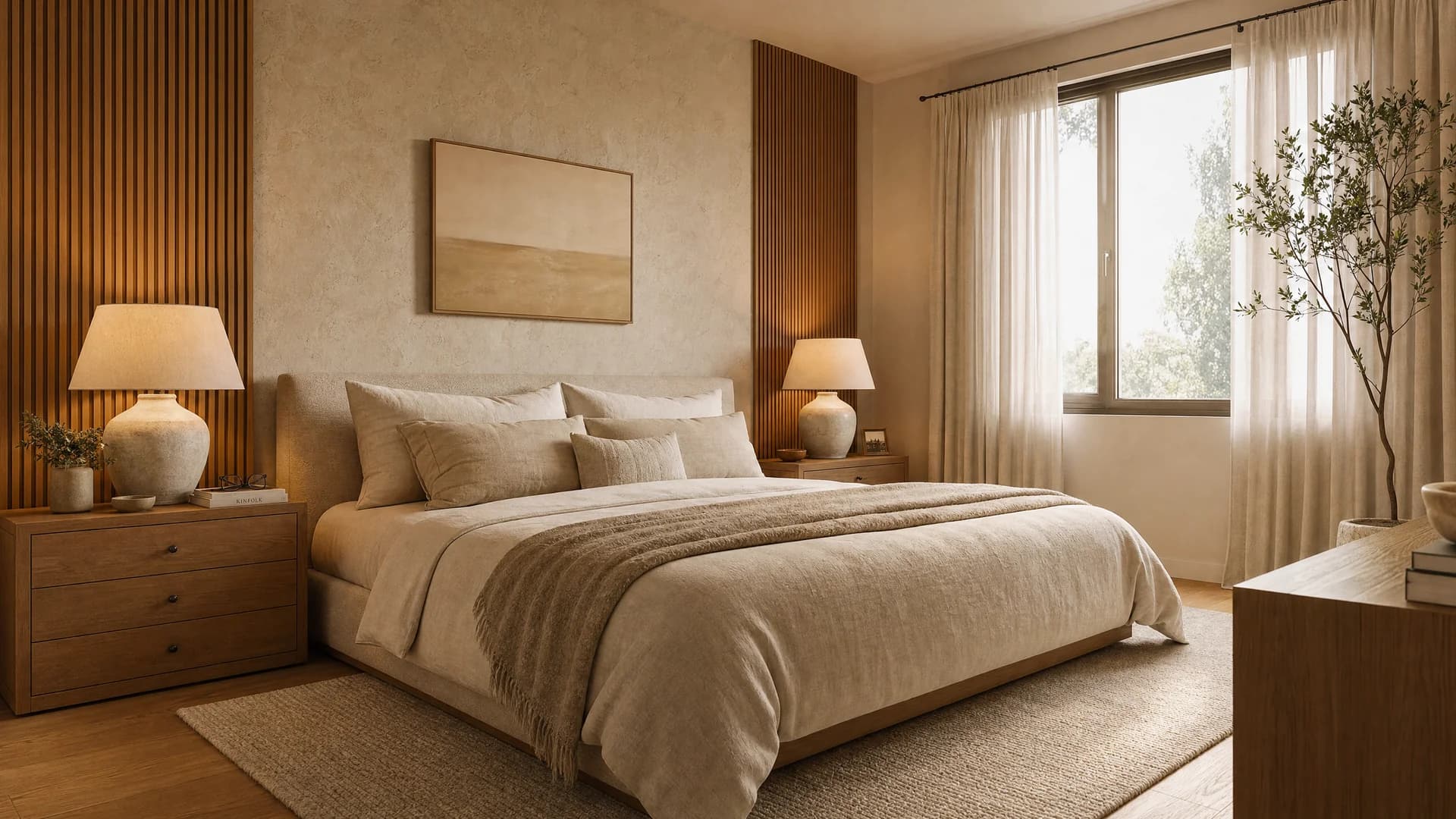 Main bedroom with indirect lighting and a warm palette — Elegant Render