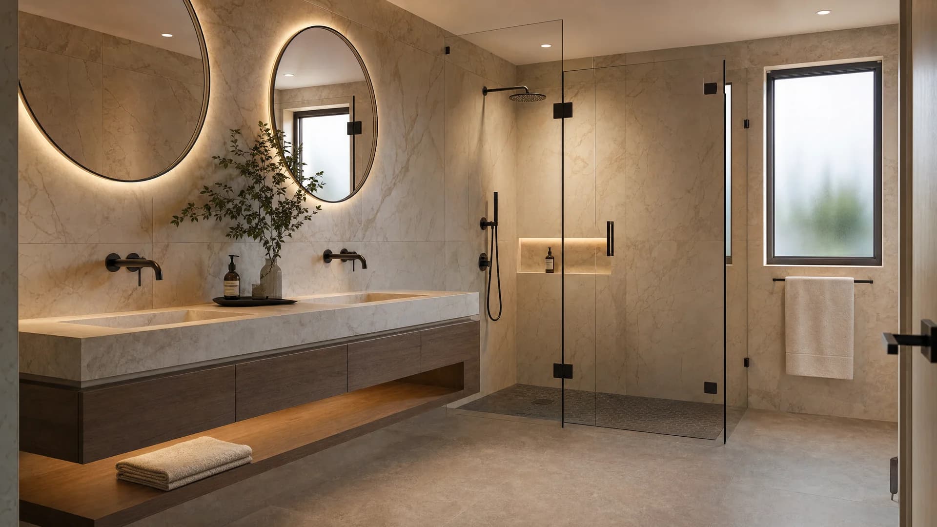 Bathroom with natural light and marble finishes — Elegant Render
