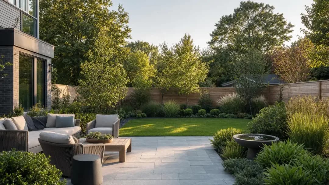 Landscape design — private yard of a family house with a terrace and lawn