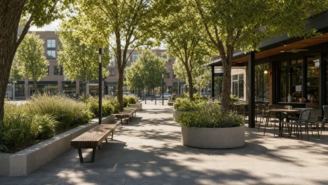 Landscape design — public space with a paved path and mature planting