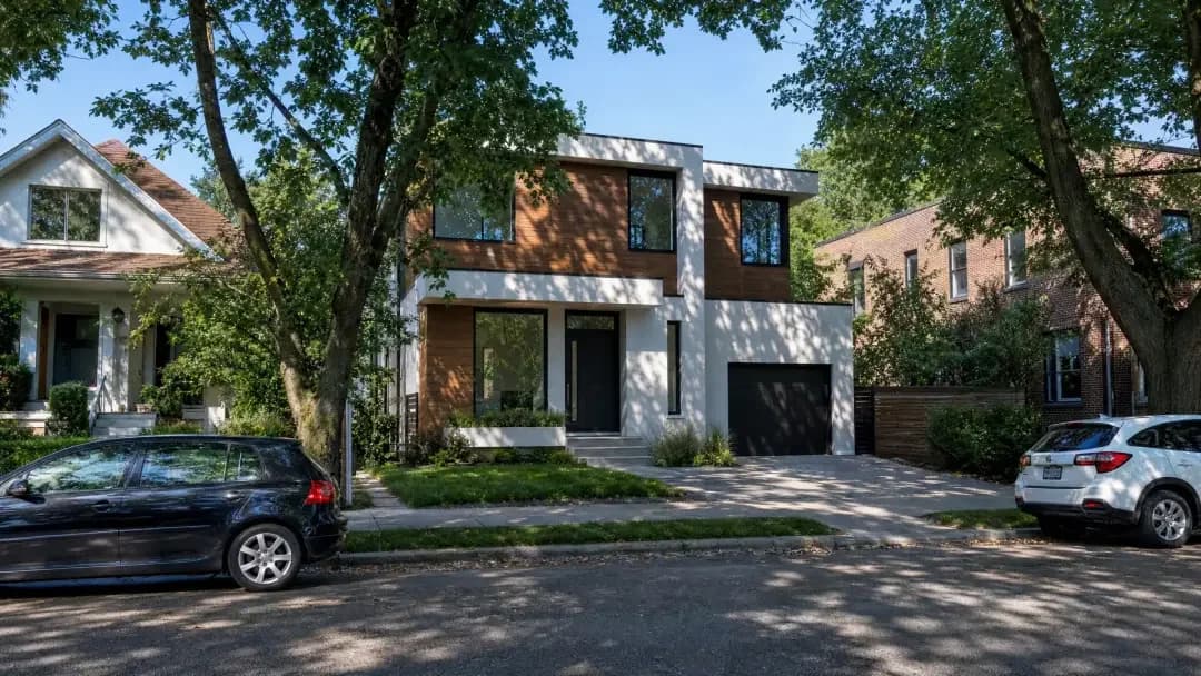 Photomontage — finished family house blended into a real street photo, Elegant Render