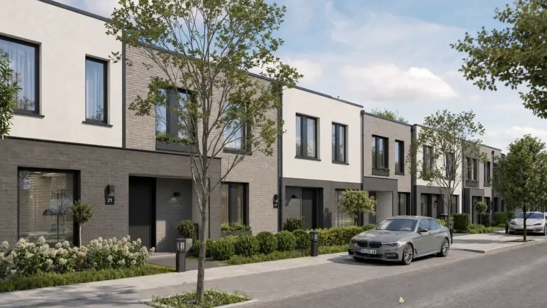 3D streetscape — row of contemporary terraced houses, street perspective with cars and greenery, Elegant Render