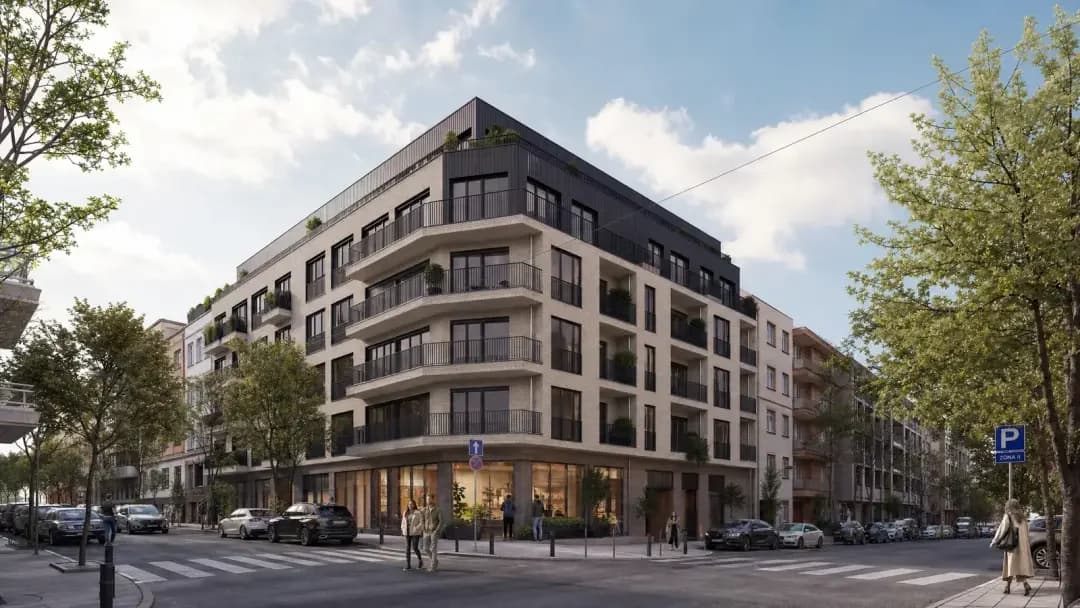 3D streetscape — contemporary buildings in a street row from a pedestrian perspective, Elegant Render