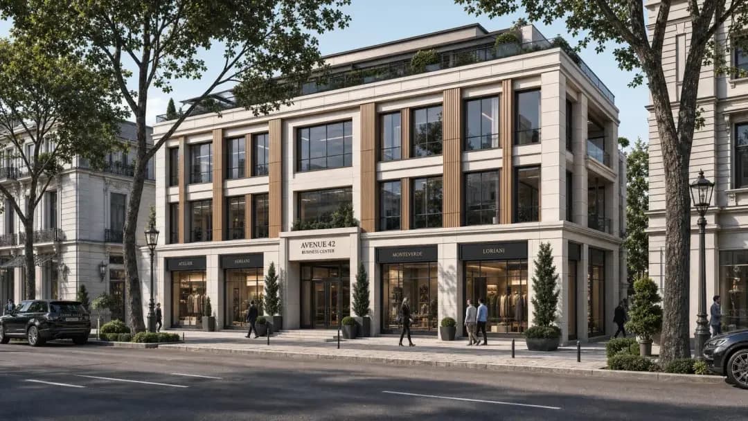 3D streetscape — buildings along the street with landscaped greenery, street perspective, Elegant Render