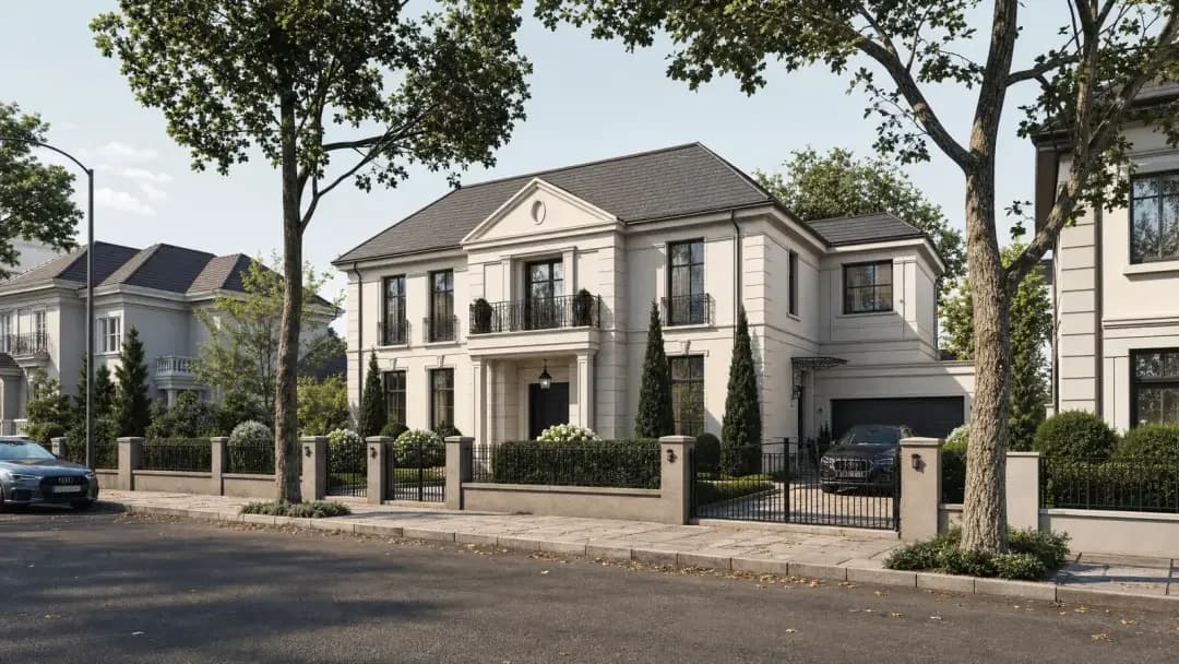 3D streetscape — row of neighboring buildings in a street context, Elegant Render