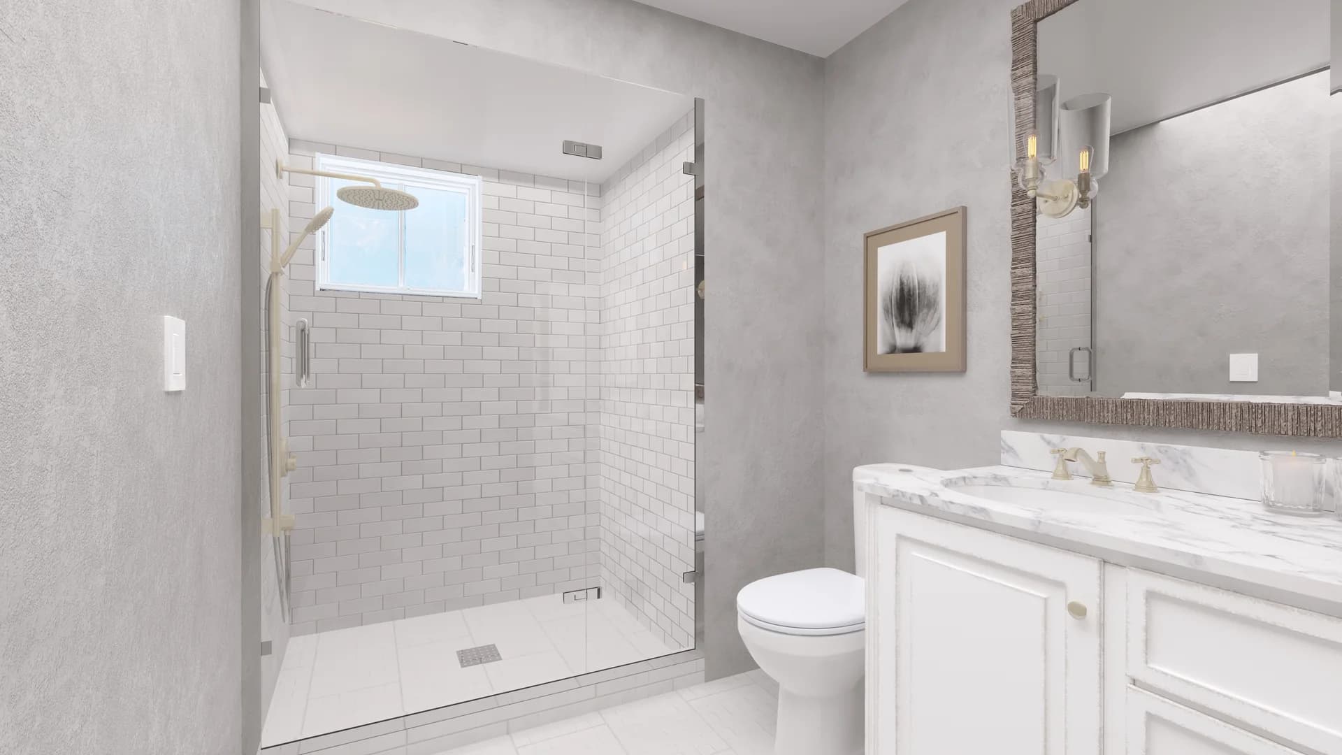 Virtual renovation — renovated bathroom with a glass shower and tiling