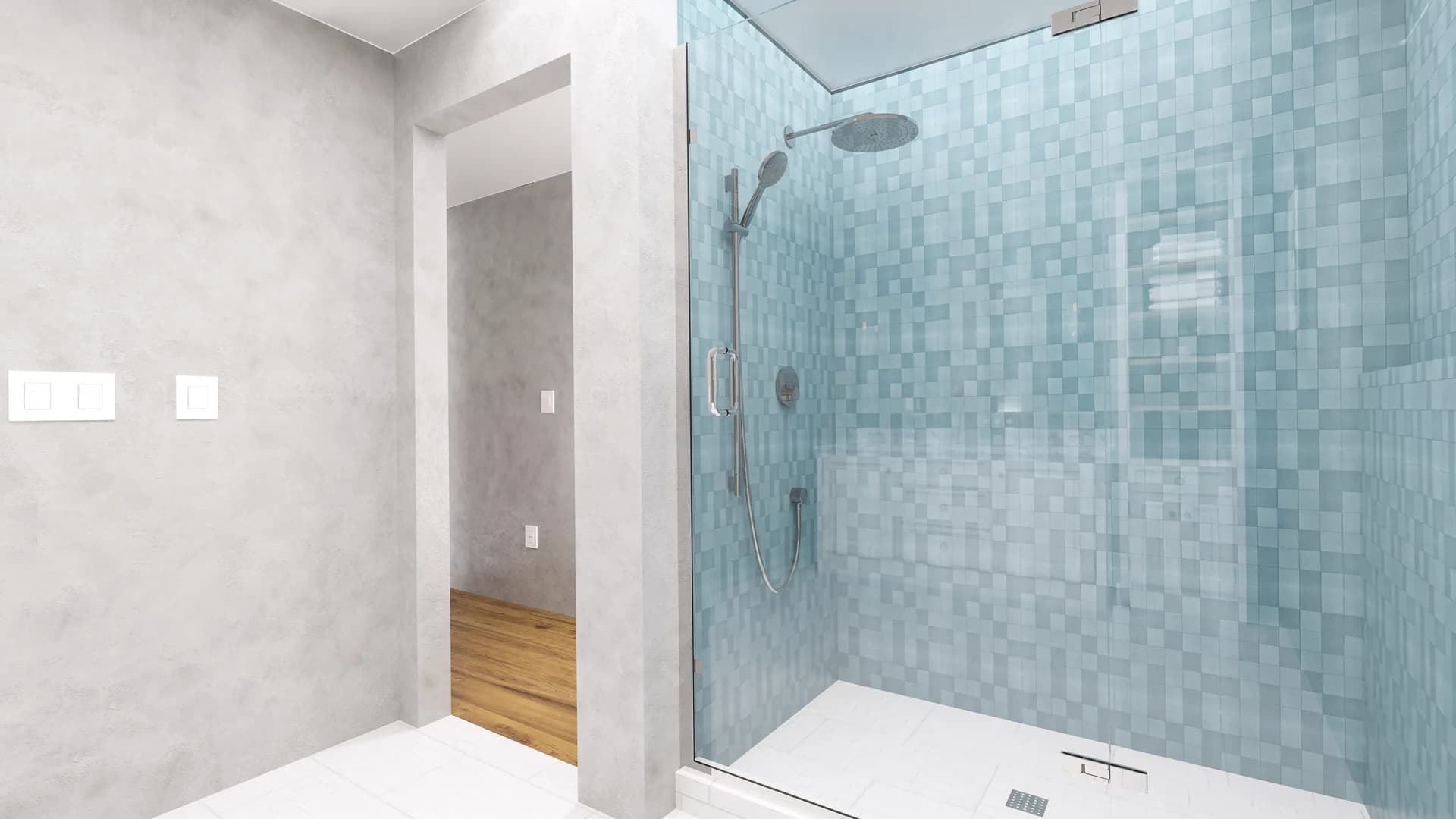 Virtual renovation — renovated room with new floors and warm materials