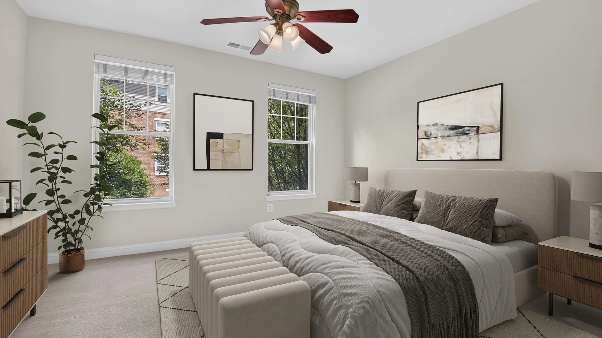 Virtual staging — bedroom with warm materials and furniture