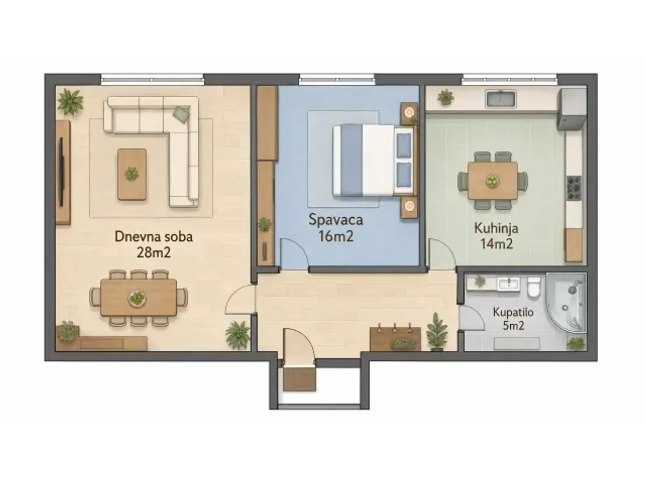 Colored 2D floor plan of the same apartment with furniture — living room, bedroom, kitchen and bathroom