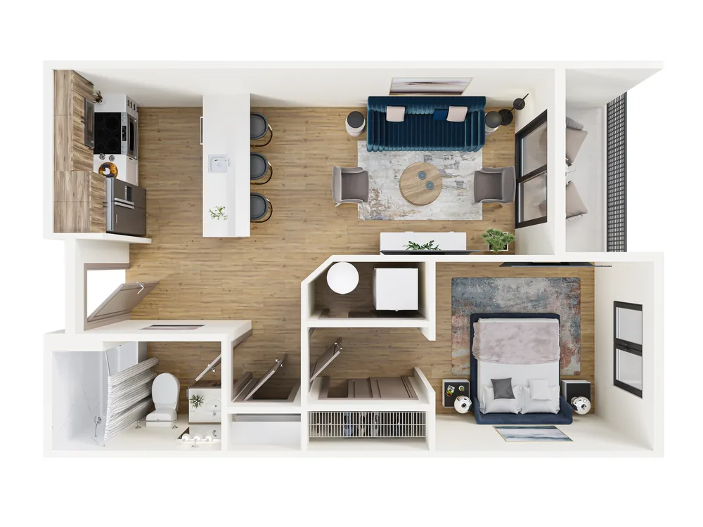 3D spatial floor plan of the same apartment after treatment — furniture, materials and colors from a bird's-eye perspective