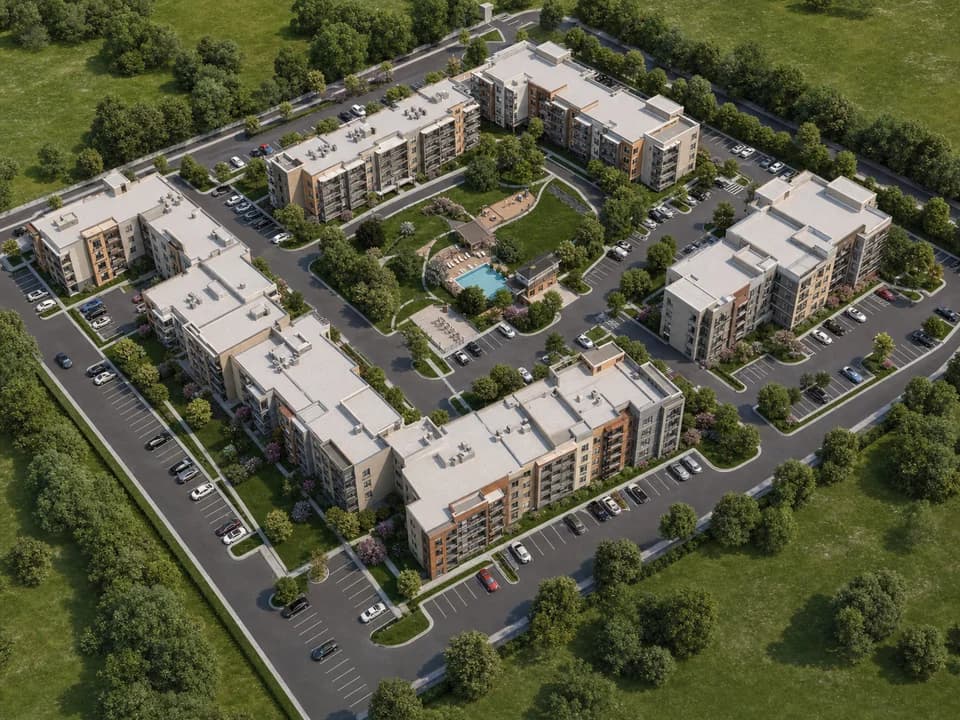 3D aerial site plan of the residential complex — buildings, parking and plot landscaping