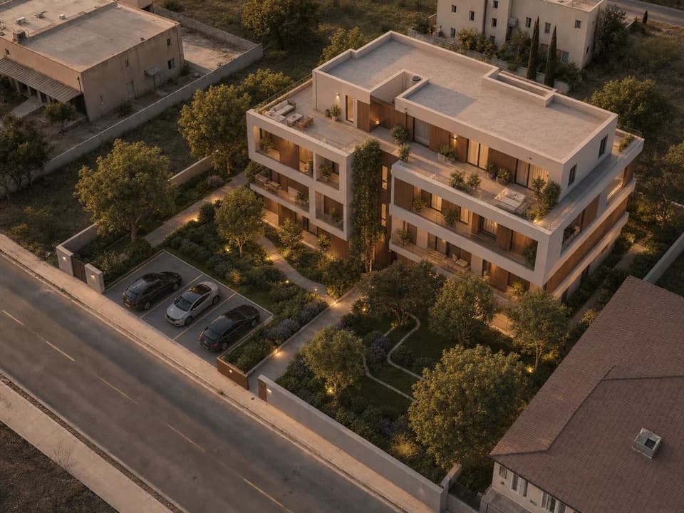 The same plot with the completed residential building, landscaping and parking rendered in place