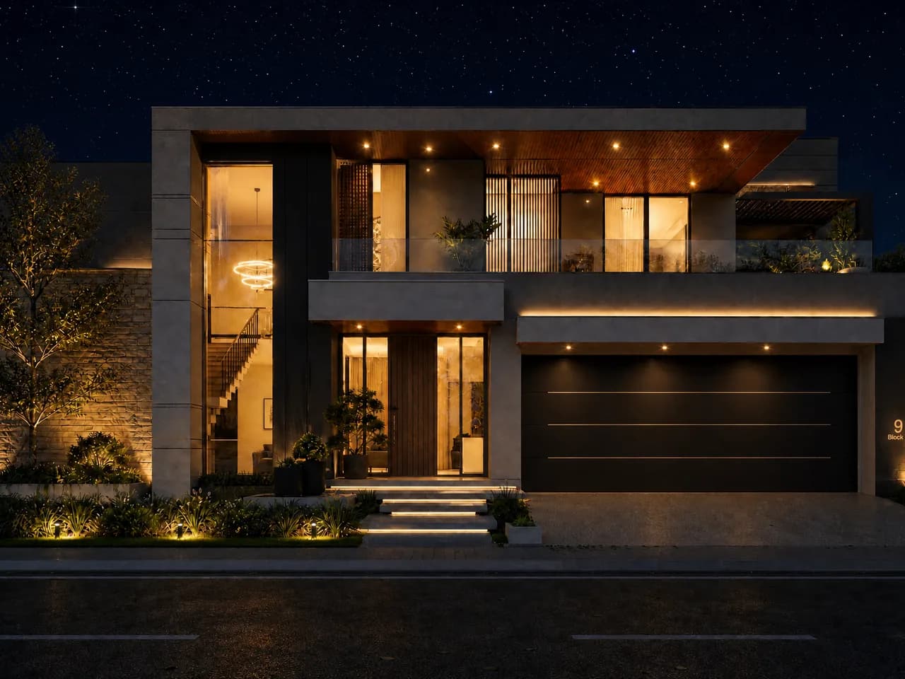 The same modern house in the evening view — a lit facade, warm interiors and ambient lighting under a starry sky