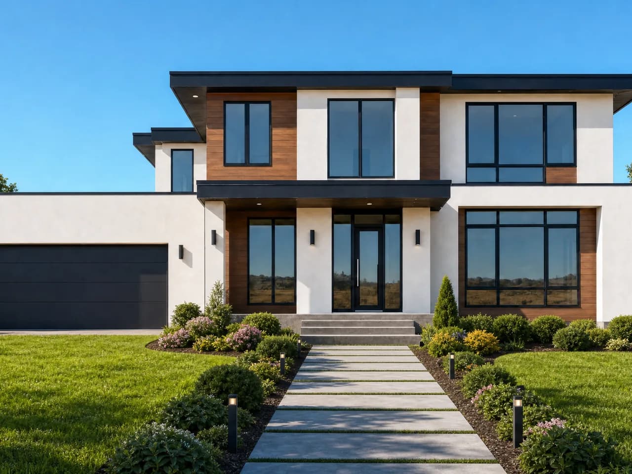 Modern family house with a finished yard — a well-kept lawn, young plants and a paved path after landscape design