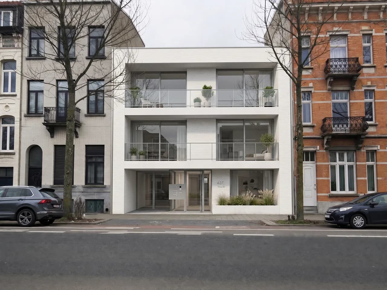 The same street shot with the 3D render of the new building blended in — a render in a real photo of the location