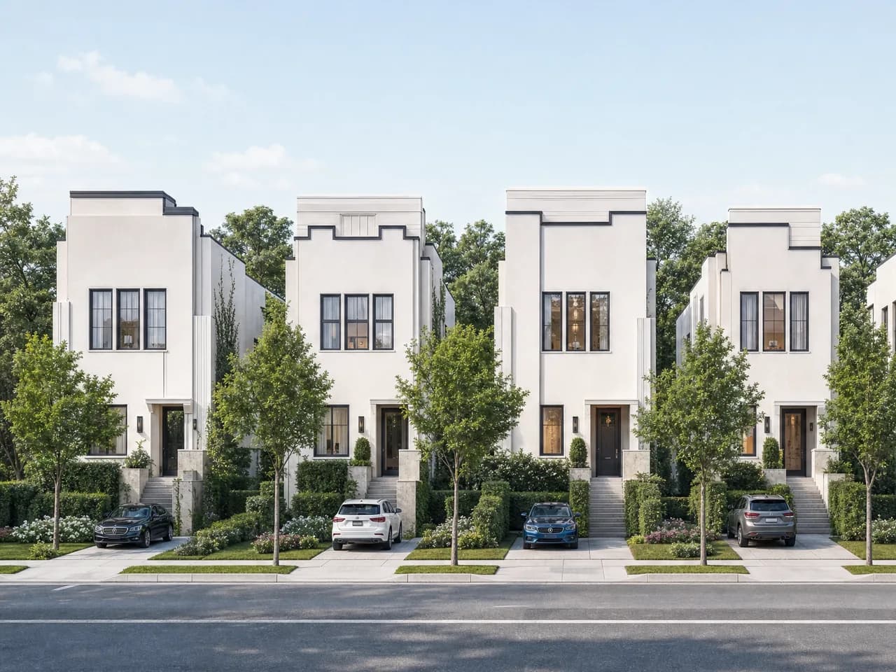 3D streetscape — a row of modern buildings with a tree line, parking and street context